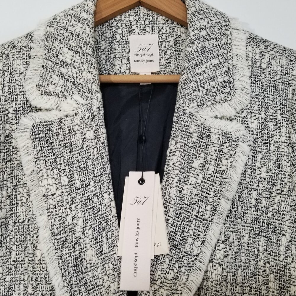NWT Cinq à Sept Erin Fringed Boucle Tweed Blazer Jacket Black/Ivory Size 8 $425 - Picture 9 of 17